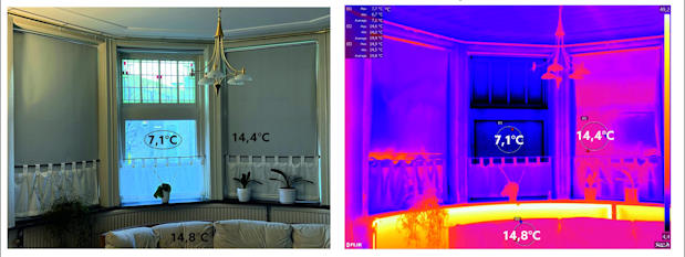 Zonwerende isolatiefolies werken ook goed in winter. Ze houden de warmte juist binnen waar je het wilt hebben, zoals te zien is op deze warmtebeelden. Buiten is het -6 graden, en binnen 15 graden.