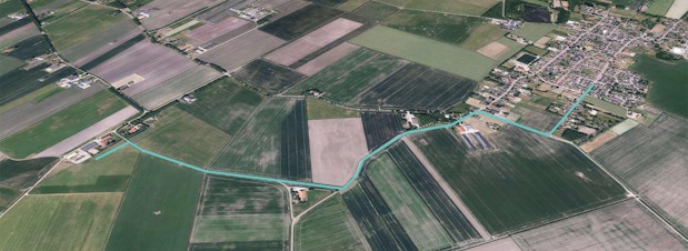 Overzicht van het waterstofnetwerk in Wagenborgen, met geheel links het agrarisch bedrijf Eelshuis Energie in Siddeburen waar de groene waterstof wordt ingevoed.