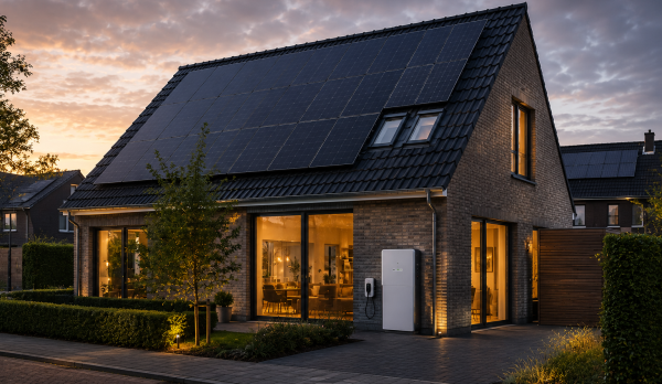 Modern brick house with a large solar panel array on the sloped roof, warm interior lights visible through glass walls at dusk.
