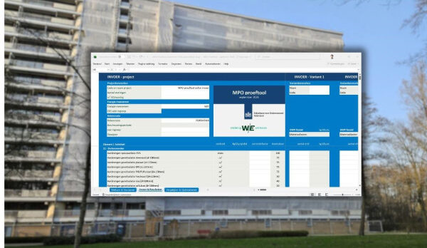 Outdoor scene of a screen displaying a blue project management dashboard with multiple panels and task lists.